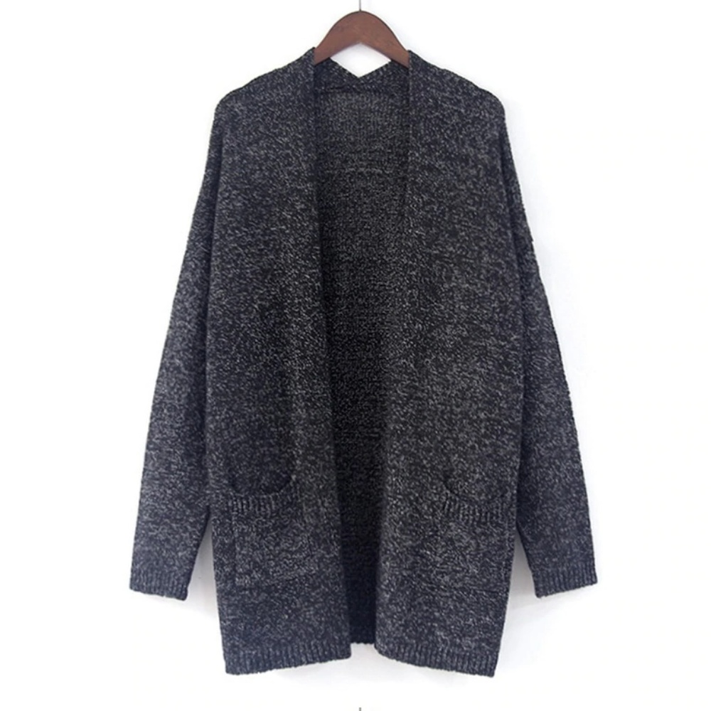 Black Long Knit Cardigan Sweater w/ Pockets - Picture 2 of 4